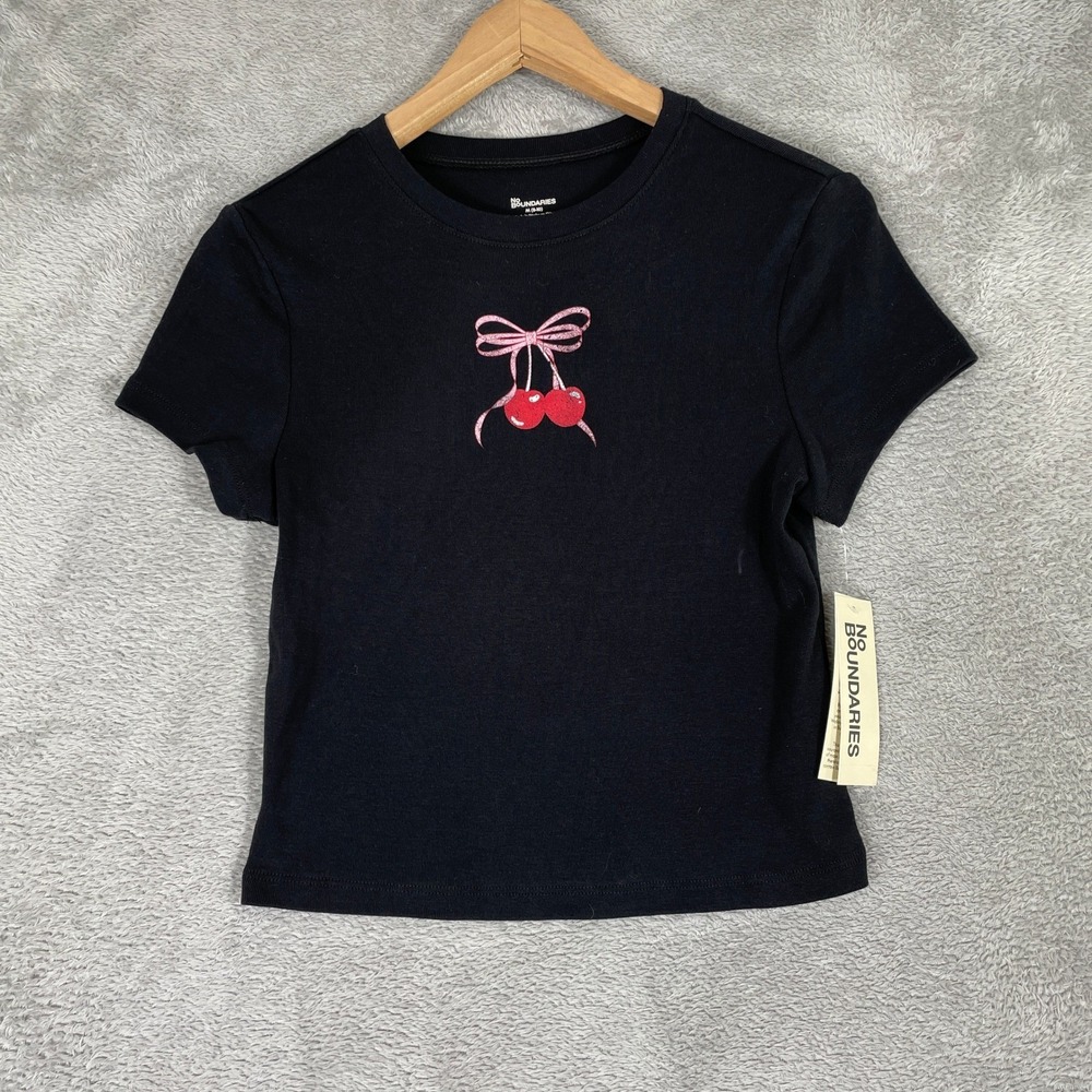 No Boundaries Cherry Graphic Tee Women Medium Black Bow Baby Tee Coquette Y2K
